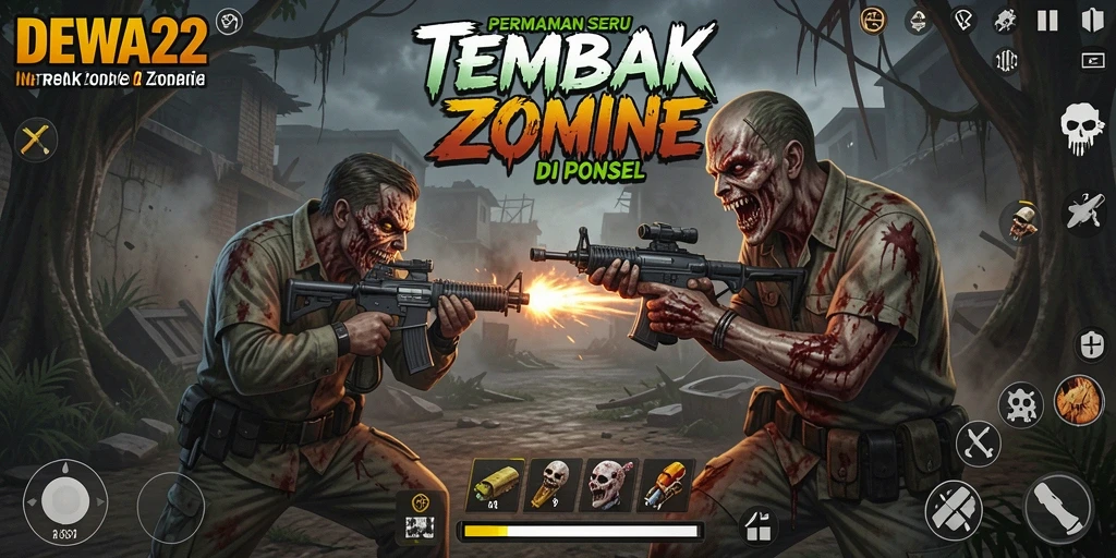 Tampilan antarmuka permainan DEWA22 yang menegangkan saat menembak zombie.